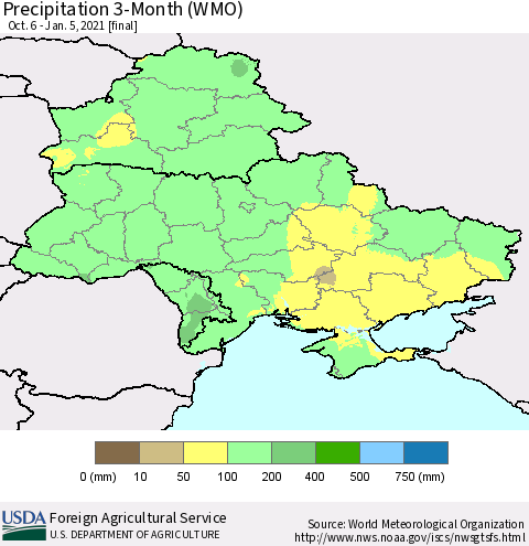 Ukraine, Moldova and Belarus Precipitation 3-Month (WMO) Thematic Map For 10/6/2020 - 1/5/2021