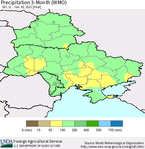 Ukraine, Moldova and Belarus Precipitation 3-Month (WMO) Thematic Map For 10/11/2020 - 1/10/2021