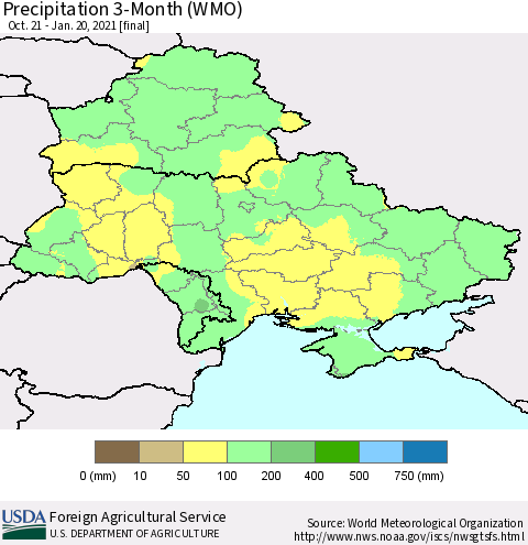 Ukraine, Moldova and Belarus Precipitation 3-Month (WMO) Thematic Map For 10/21/2020 - 1/20/2021