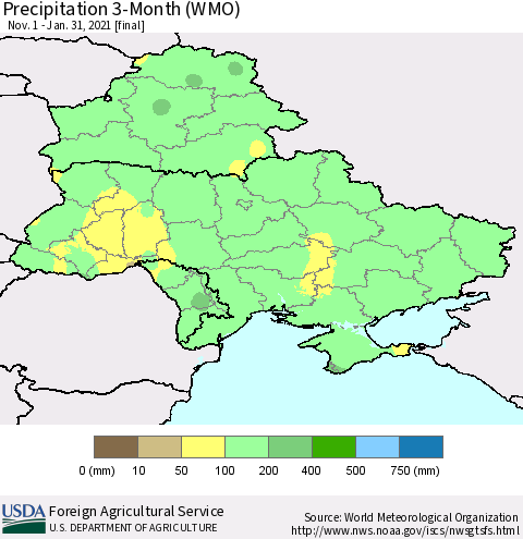 Ukraine, Moldova and Belarus Precipitation 3-Month (WMO) Thematic Map For 11/1/2020 - 1/31/2021