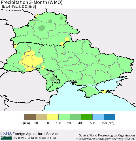 Ukraine, Moldova and Belarus Precipitation 3-Month (WMO) Thematic Map For 11/6/2020 - 2/5/2021
