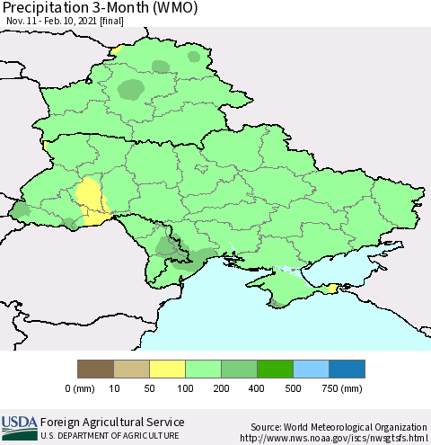Ukraine, Moldova and Belarus Precipitation 3-Month (WMO) Thematic Map For 11/11/2020 - 2/10/2021