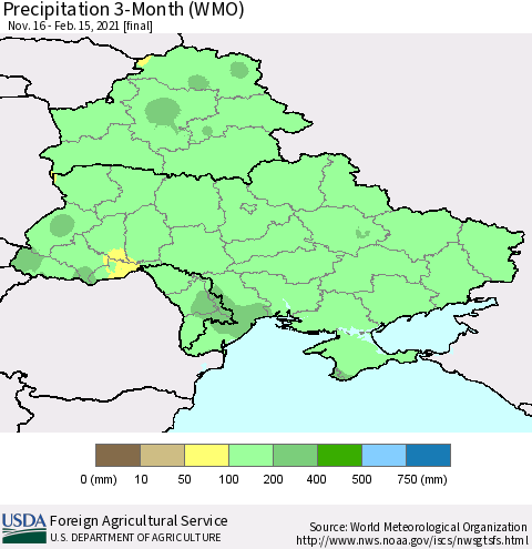 Ukraine, Moldova and Belarus Precipitation 3-Month (WMO) Thematic Map For 11/16/2020 - 2/15/2021