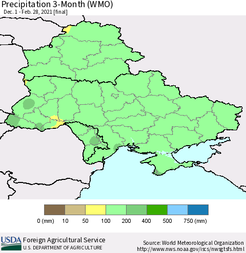 Ukraine, Moldova and Belarus Precipitation 3-Month (WMO) Thematic Map For 12/1/2020 - 2/28/2021