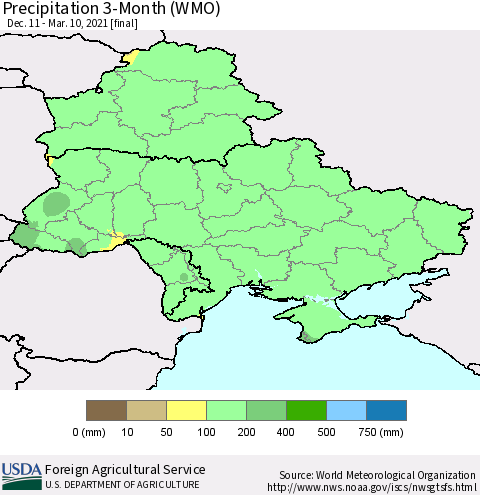 Ukraine, Moldova and Belarus Precipitation 3-Month (WMO) Thematic Map For 12/11/2020 - 3/10/2021