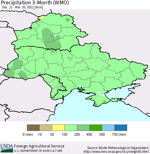 Ukraine, Moldova and Belarus Precipitation 3-Month (WMO) Thematic Map For 12/21/2020 - 3/20/2021