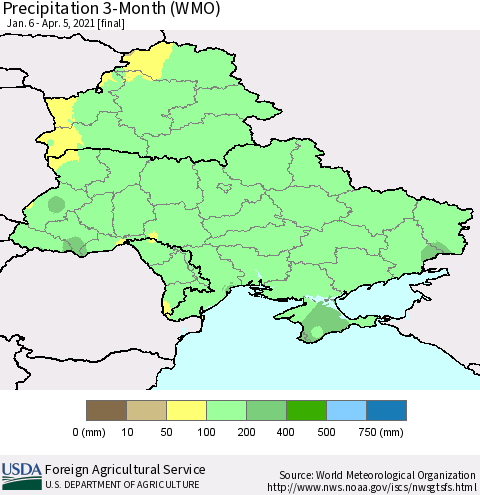 Ukraine, Moldova and Belarus Precipitation 3-Month (WMO) Thematic Map For 1/6/2021 - 4/5/2021