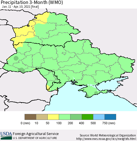 Ukraine, Moldova and Belarus Precipitation 3-Month (WMO) Thematic Map For 1/11/2021 - 4/10/2021