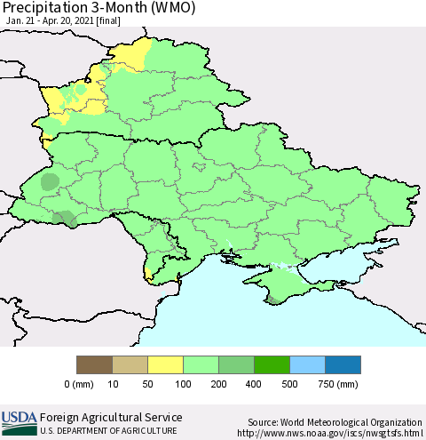 Ukraine, Moldova and Belarus Precipitation 3-Month (WMO) Thematic Map For 1/21/2021 - 4/20/2021