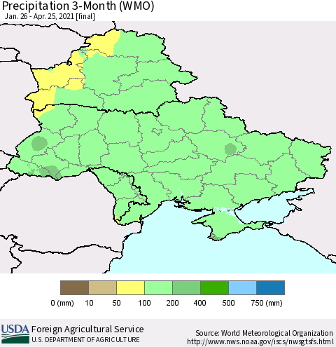 Ukraine, Moldova and Belarus Precipitation 3-Month (WMO) Thematic Map For 1/26/2021 - 4/25/2021