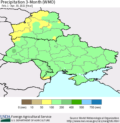 Ukraine, Moldova and Belarus Precipitation 3-Month (WMO) Thematic Map For 2/1/2021 - 4/30/2021