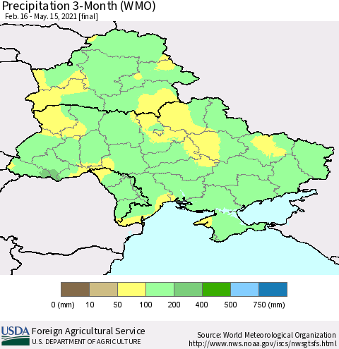 Ukraine, Moldova and Belarus Precipitation 3-Month (WMO) Thematic Map For 2/16/2021 - 5/15/2021