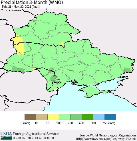 Ukraine, Moldova and Belarus Precipitation 3-Month (WMO) Thematic Map For 2/21/2021 - 5/20/2021