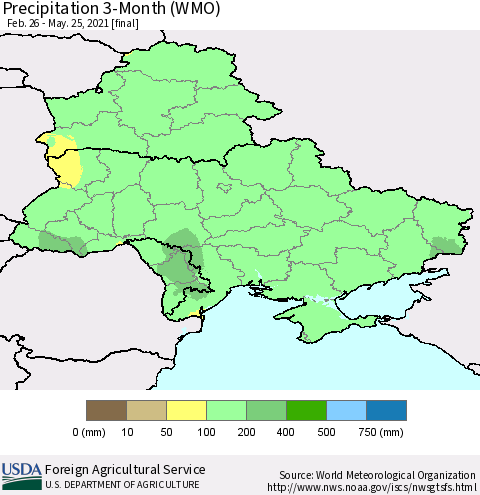 Ukraine, Moldova and Belarus Precipitation 3-Month (WMO) Thematic Map For 2/26/2021 - 5/25/2021