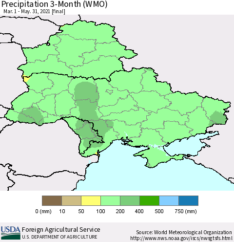 Ukraine, Moldova and Belarus Precipitation 3-Month (WMO) Thematic Map For 3/1/2021 - 5/31/2021