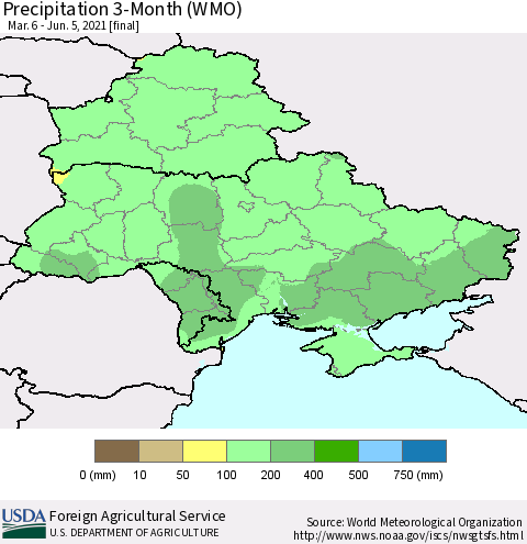 Ukraine, Moldova and Belarus Precipitation 3-Month (WMO) Thematic Map For 3/6/2021 - 6/5/2021