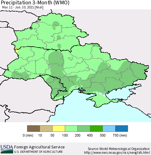 Ukraine, Moldova and Belarus Precipitation 3-Month (WMO) Thematic Map For 3/11/2021 - 6/10/2021