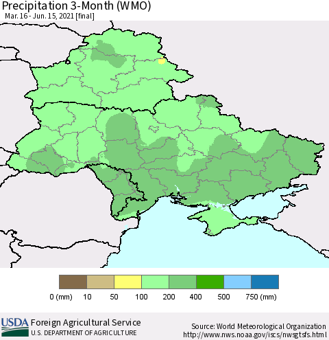 Ukraine, Moldova and Belarus Precipitation 3-Month (WMO) Thematic Map For 3/16/2021 - 6/15/2021