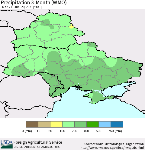 Ukraine, Moldova and Belarus Precipitation 3-Month (WMO) Thematic Map For 3/21/2021 - 6/20/2021