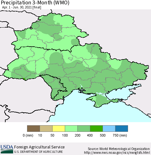 Ukraine, Moldova and Belarus Precipitation 3-Month (WMO) Thematic Map For 4/1/2021 - 6/30/2021