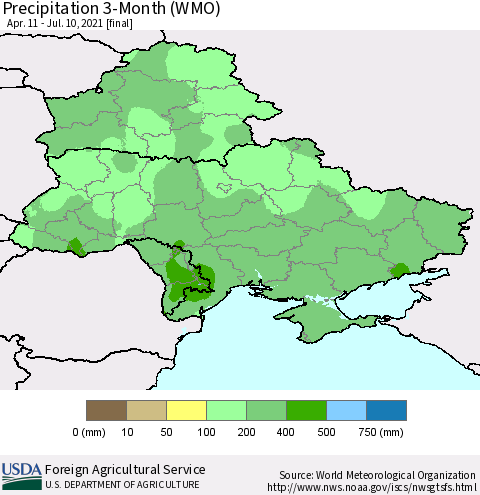 Ukraine, Moldova and Belarus Precipitation 3-Month (WMO) Thematic Map For 4/11/2021 - 7/10/2021