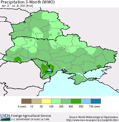 Ukraine, Moldova and Belarus Precipitation 3-Month (WMO) Thematic Map For 4/21/2021 - 7/20/2021