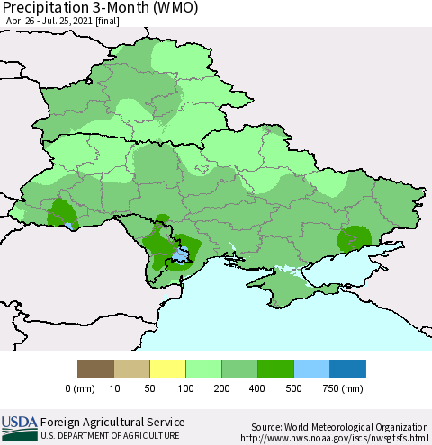 Ukraine, Moldova and Belarus Precipitation 3-Month (WMO) Thematic Map For 4/26/2021 - 7/25/2021