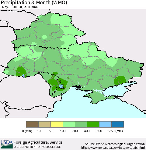 Ukraine, Moldova and Belarus Precipitation 3-Month (WMO) Thematic Map For 5/1/2021 - 7/31/2021