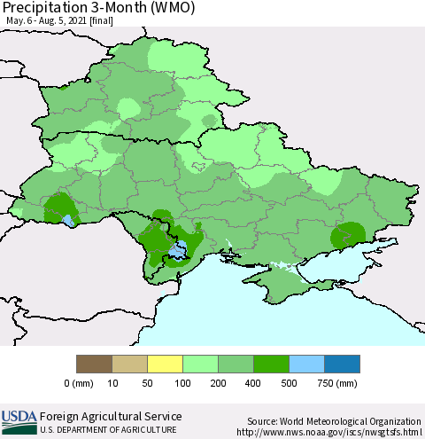 Ukraine, Moldova and Belarus Precipitation 3-Month (WMO) Thematic Map For 5/6/2021 - 8/5/2021