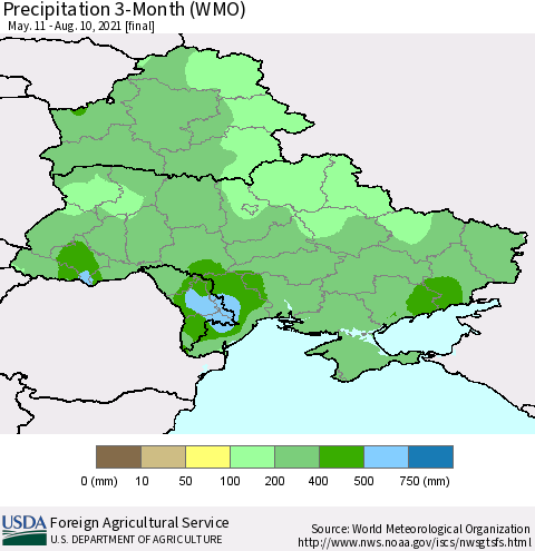 Ukraine, Moldova and Belarus Precipitation 3-Month (WMO) Thematic Map For 5/11/2021 - 8/10/2021