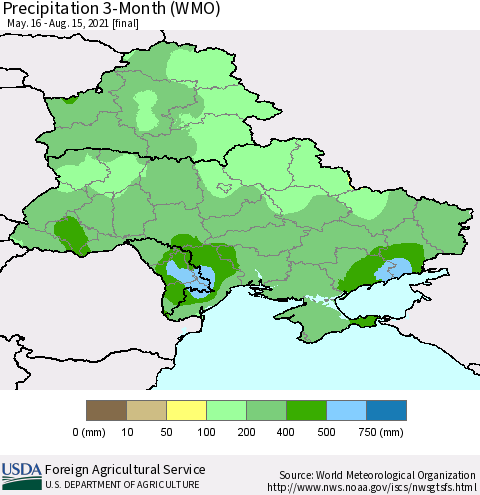 Ukraine, Moldova and Belarus Precipitation 3-Month (WMO) Thematic Map For 5/16/2021 - 8/15/2021
