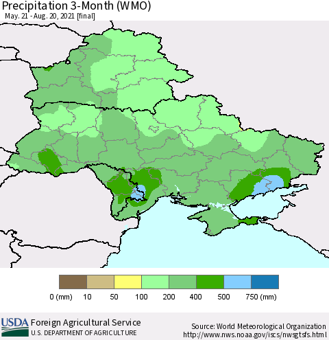 Ukraine, Moldova and Belarus Precipitation 3-Month (WMO) Thematic Map For 5/21/2021 - 8/20/2021