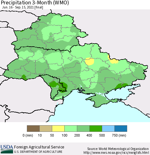 Ukraine, Moldova and Belarus Precipitation 3-Month (WMO) Thematic Map For 6/16/2021 - 9/15/2021