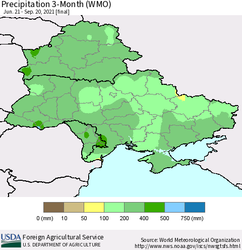 Ukraine, Moldova and Belarus Precipitation 3-Month (WMO) Thematic Map For 6/21/2021 - 9/20/2021