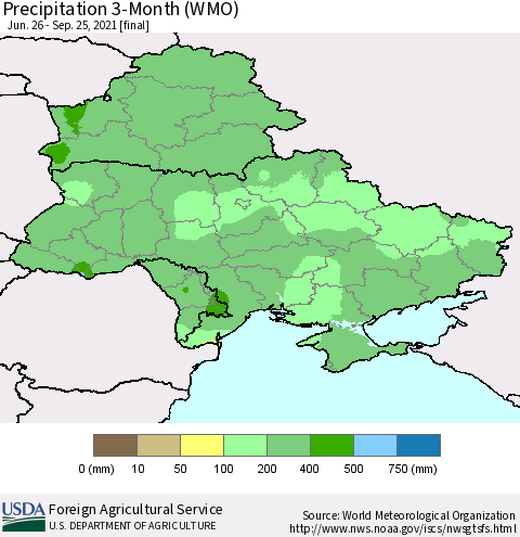Ukraine, Moldova and Belarus Precipitation 3-Month (WMO) Thematic Map For 6/26/2021 - 9/25/2021