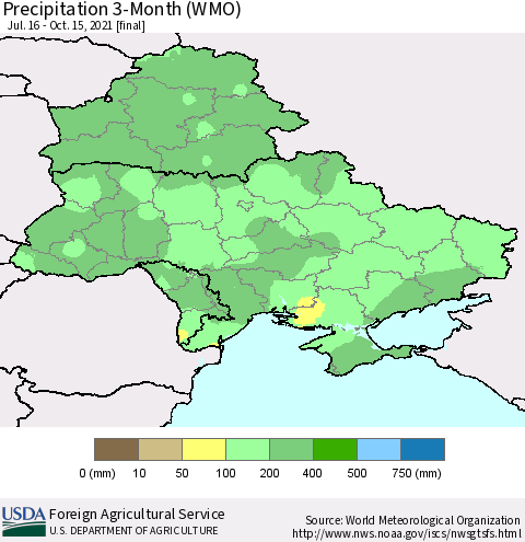 Ukraine, Moldova and Belarus Precipitation 3-Month (WMO) Thematic Map For 7/16/2021 - 10/15/2021