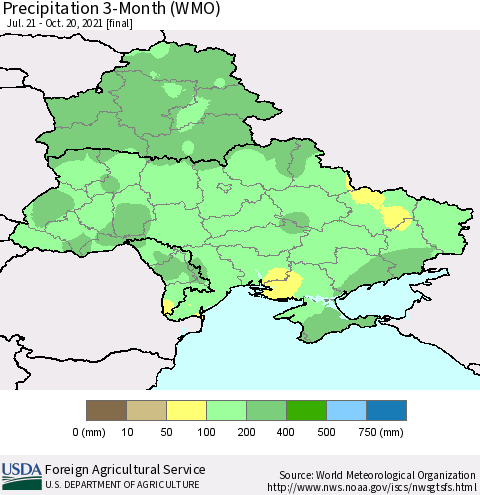 Ukraine, Moldova and Belarus Precipitation 3-Month (WMO) Thematic Map For 7/21/2021 - 10/20/2021