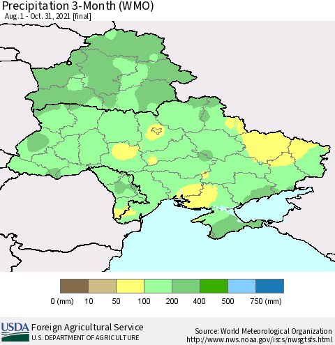 Ukraine, Moldova and Belarus Precipitation 3-Month (WMO) Thematic Map For 8/1/2021 - 10/31/2021