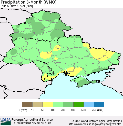 Ukraine, Moldova and Belarus Precipitation 3-Month (WMO) Thematic Map For 8/6/2021 - 11/5/2021