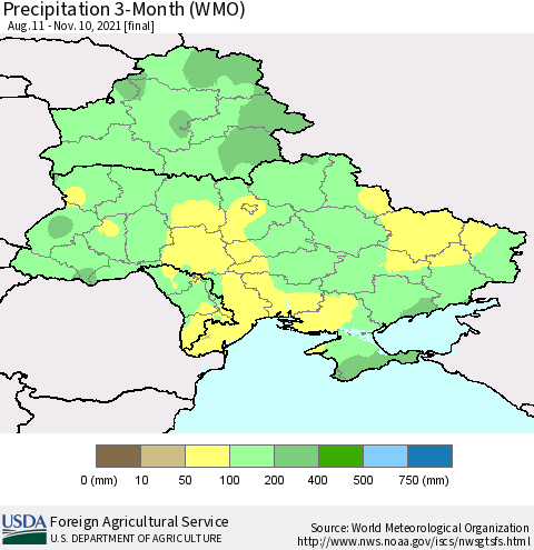 Ukraine, Moldova and Belarus Precipitation 3-Month (WMO) Thematic Map For 8/11/2021 - 11/10/2021