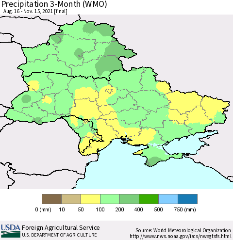 Ukraine, Moldova and Belarus Precipitation 3-Month (WMO) Thematic Map For 8/16/2021 - 11/15/2021