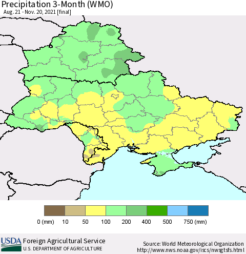 Ukraine, Moldova and Belarus Precipitation 3-Month (WMO) Thematic Map For 8/21/2021 - 11/20/2021