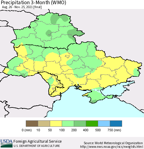 Ukraine, Moldova and Belarus Precipitation 3-Month (WMO) Thematic Map For 8/26/2021 - 11/25/2021