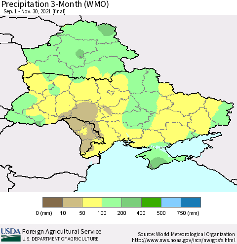 Ukraine, Moldova and Belarus Precipitation 3-Month (WMO) Thematic Map For 9/1/2021 - 11/30/2021