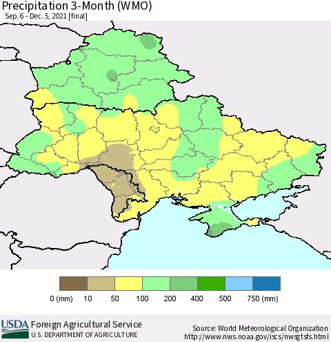 Ukraine, Moldova and Belarus Precipitation 3-Month (WMO) Thematic Map For 9/6/2021 - 12/5/2021