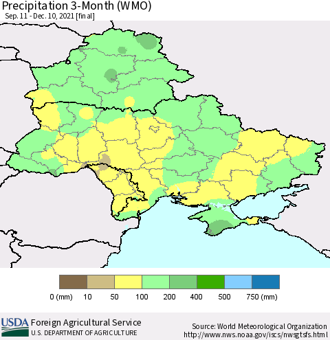 Ukraine, Moldova and Belarus Precipitation 3-Month (WMO) Thematic Map For 9/11/2021 - 12/10/2021