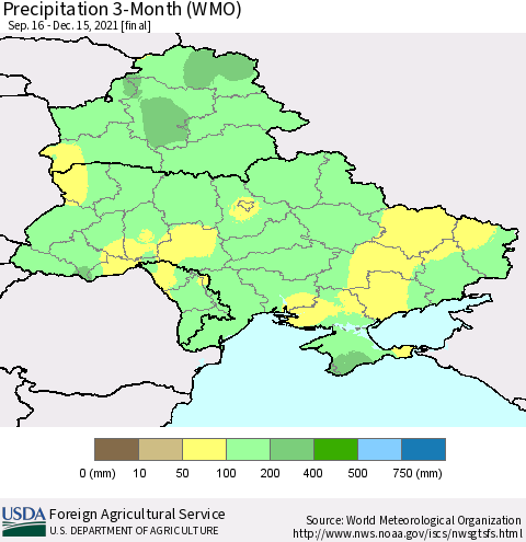 Ukraine, Moldova and Belarus Precipitation 3-Month (WMO) Thematic Map For 9/16/2021 - 12/15/2021