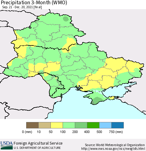 Ukraine, Moldova and Belarus Precipitation 3-Month (WMO) Thematic Map For 9/21/2021 - 12/20/2021