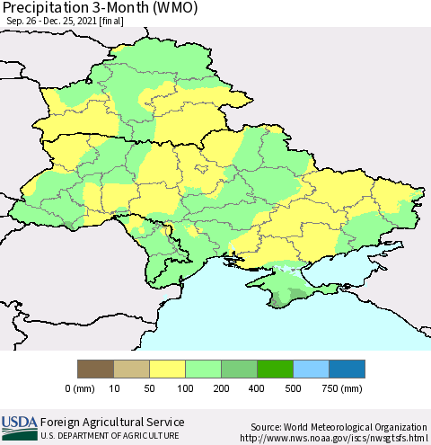 Ukraine, Moldova and Belarus Precipitation 3-Month (WMO) Thematic Map For 9/26/2021 - 12/25/2021