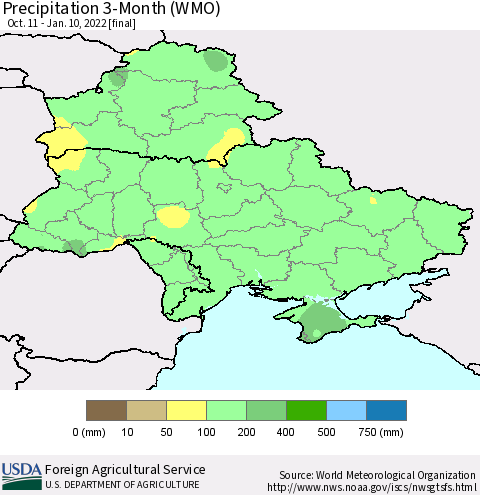 Ukraine, Moldova and Belarus Precipitation 3-Month (WMO) Thematic Map For 10/11/2021 - 1/10/2022